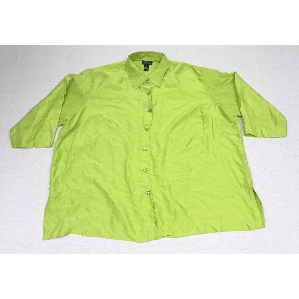 Karen Arnold Womens 3X 100% Silk Blouse Chartreuse Green Button Up Side Slits